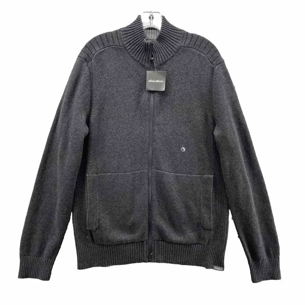 Eddie‎ Bauer Sweater Mens Medium Charcoal Gray Cardigan Knit Full Zip Dad Casual